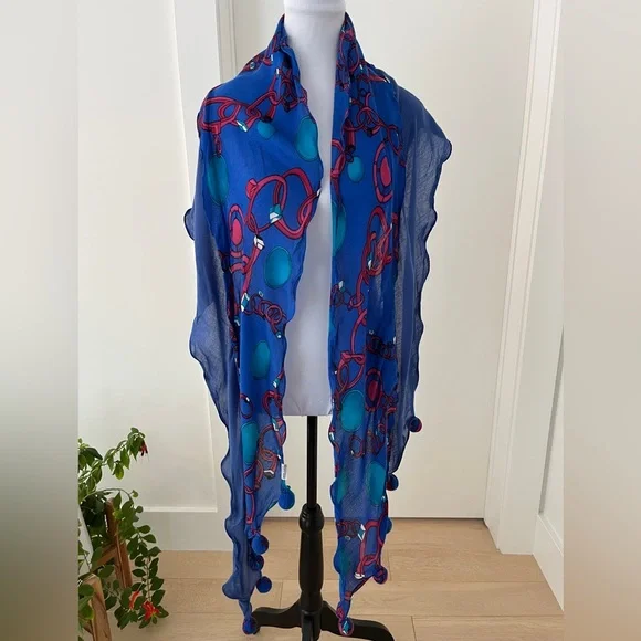 SCARF Blue Sheer Bias Cut Two Tone Blue Circles Pom Poms Ruffle Artsy Casual - Picture 7 of 12